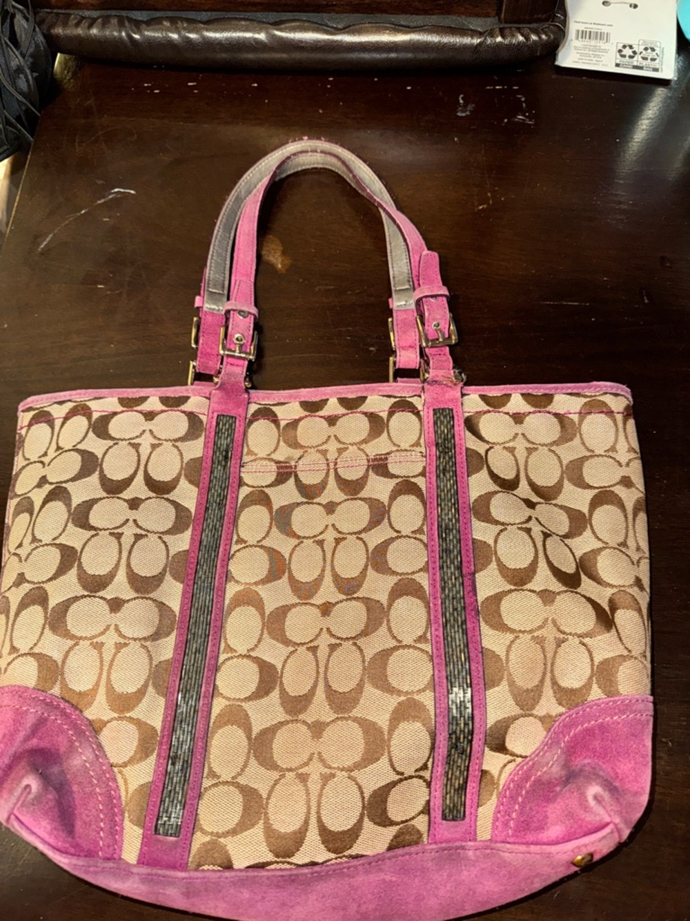 Coach Signature Canvas & Purple Suede Sequin Tote - Project Bag